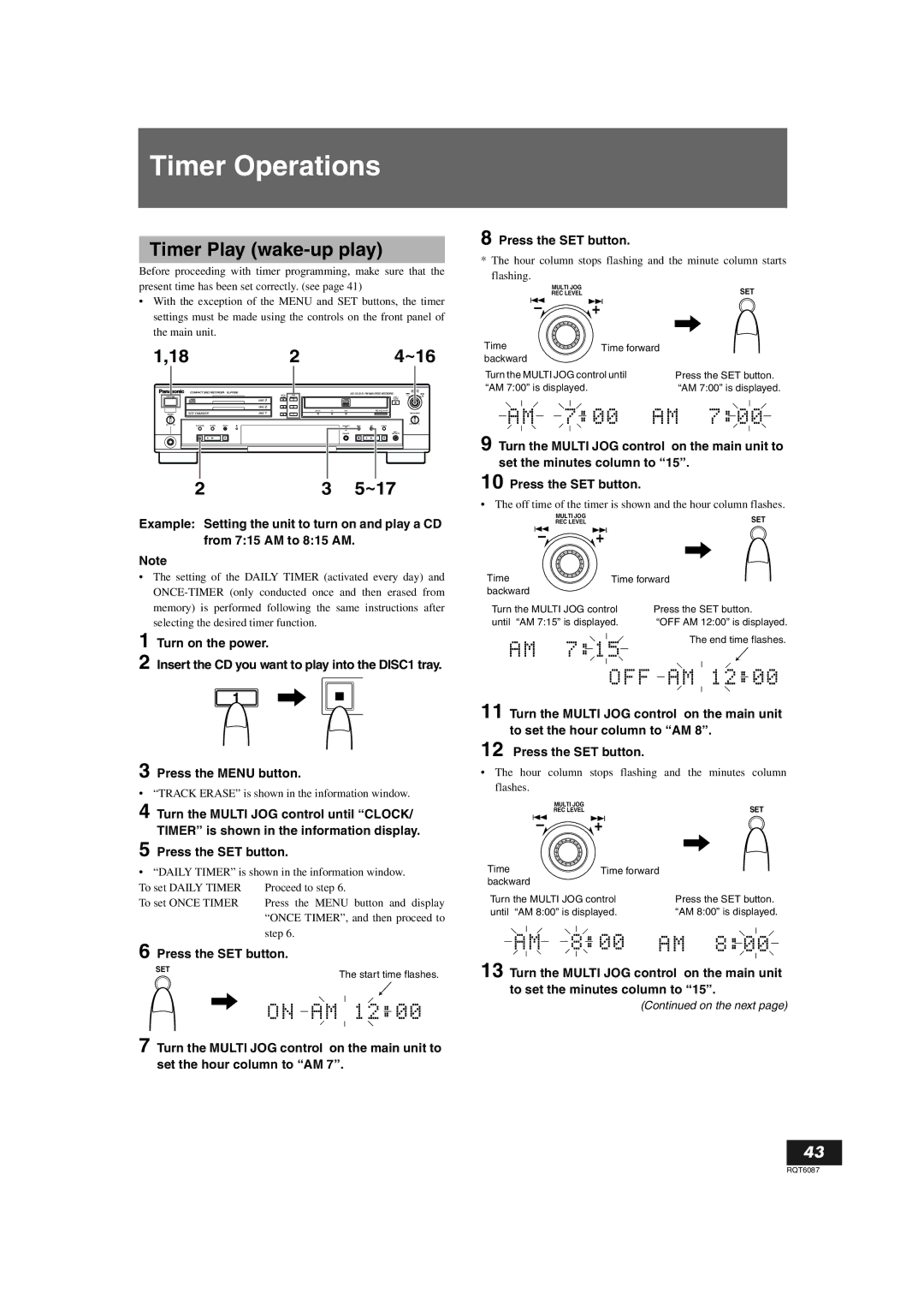 Panasonic SL-PR300 operating instructions Timer Operations, Timer Play wake-up play 