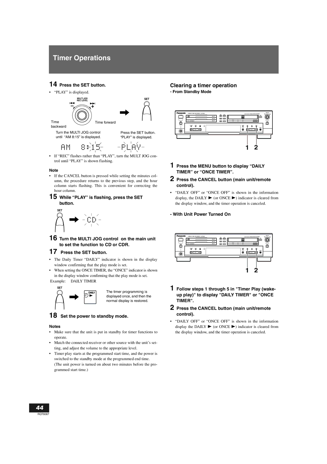 Panasonic SL-PR300 Timer Operations, While Play is flashing, press the SET button, Set the power to standby mode 