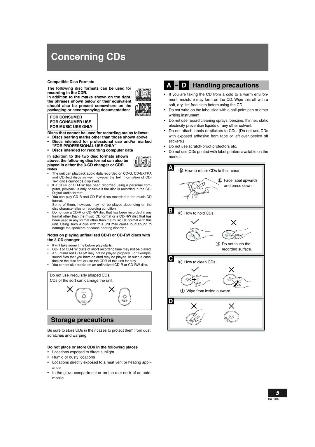 Panasonic SL-PR300 operating instructions Concerning CDs, Storage precautions, Handling precautions 