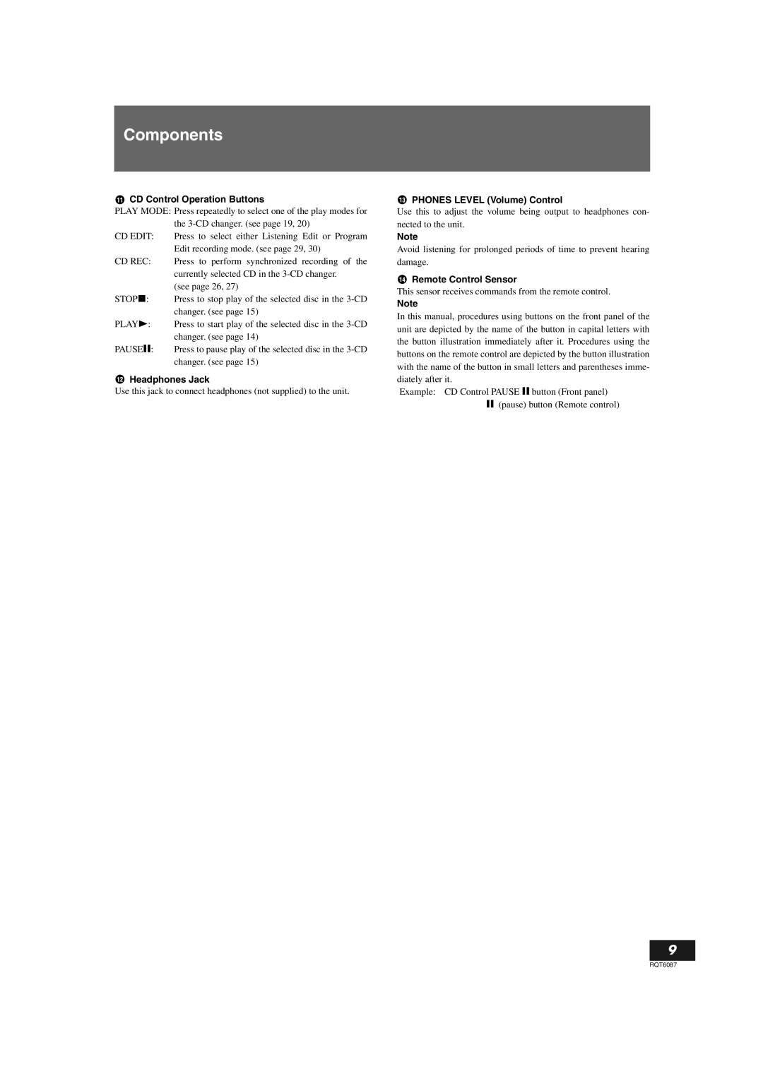 Panasonic SL-PR300 Components, CD Control Operation Buttons, Headphones Jack, Phones Level Volume Control 