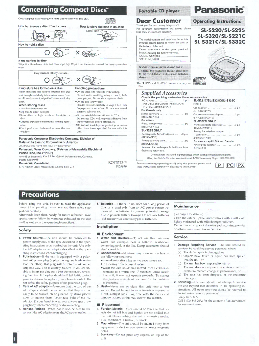 Panasonic SLS225, SL-S230, SLS321C, SLS332C, SLS221C, SLS220 manual 