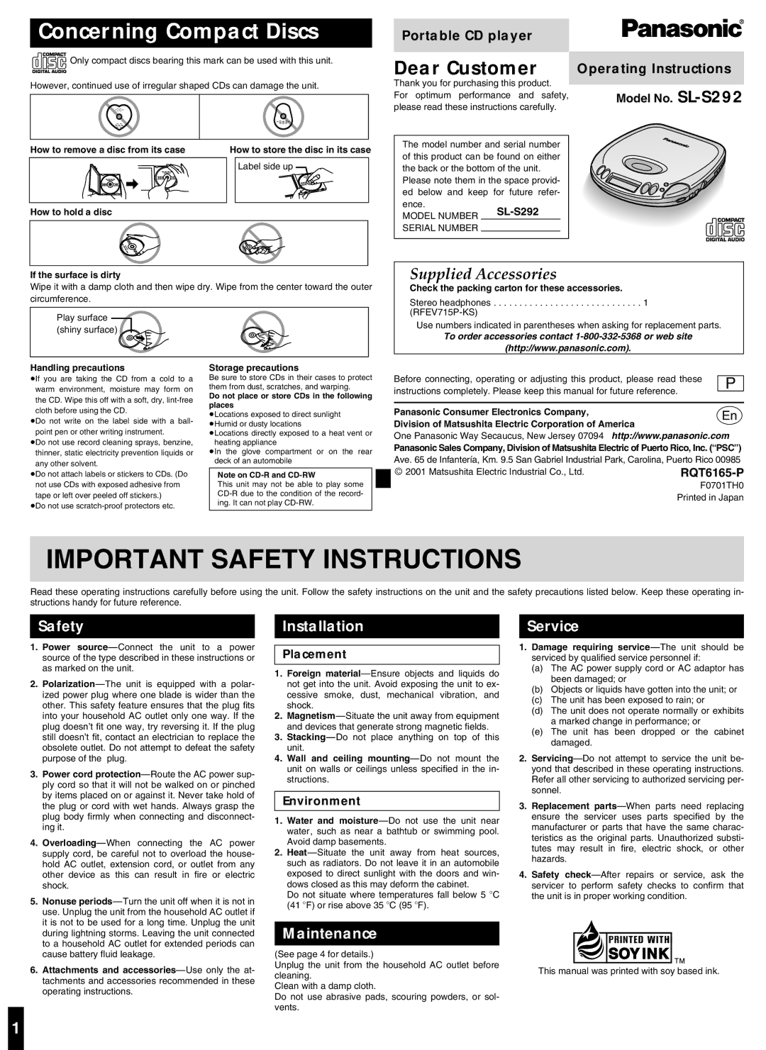 Panasonic SL-S292 important safety instructions Concerning Compact Discs, Portable CD player, Operating Instructions 