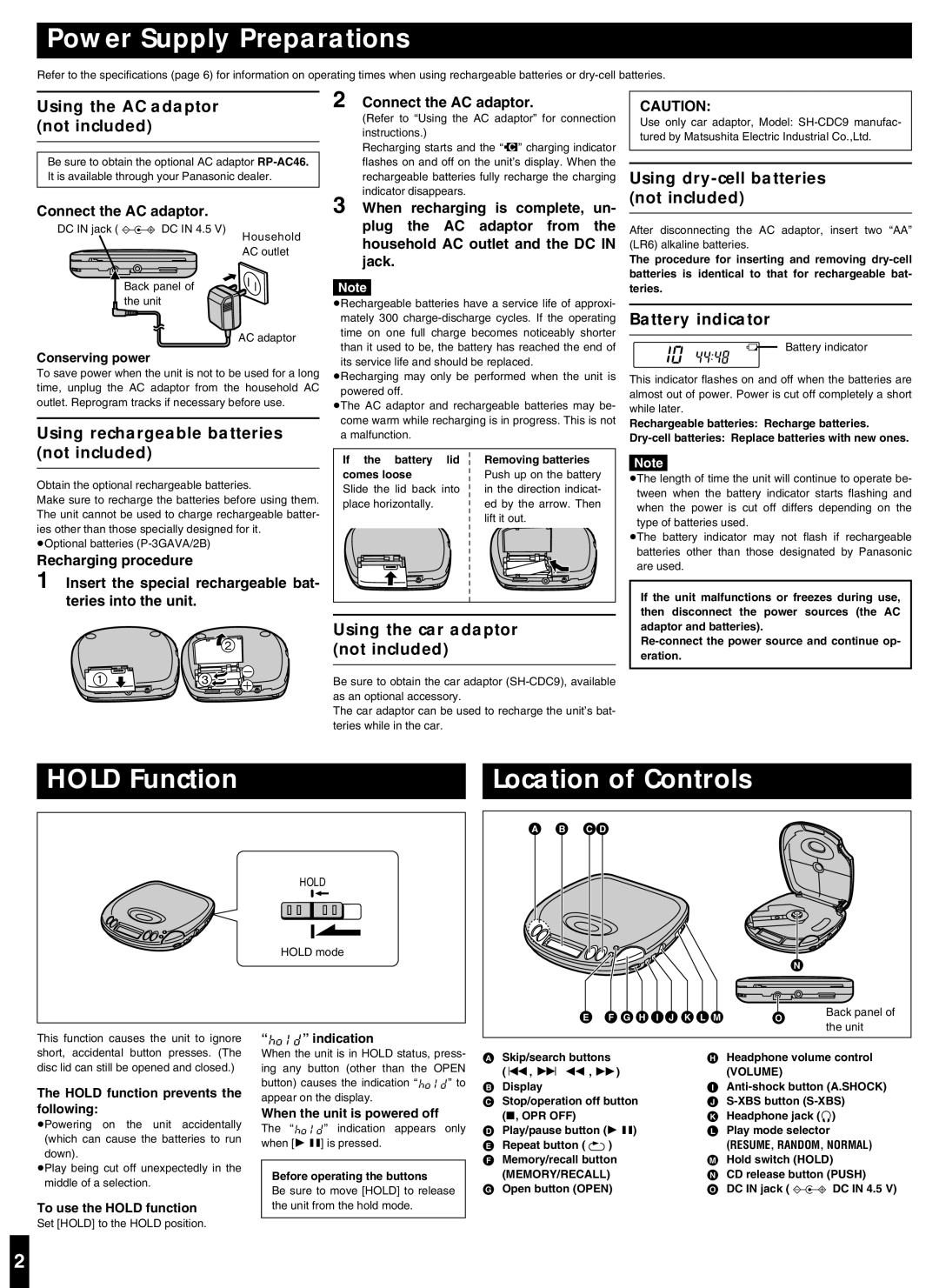 Panasonic SL-S292 important safety instructions Power Supply Preparations, Hold Function Location of Controls 