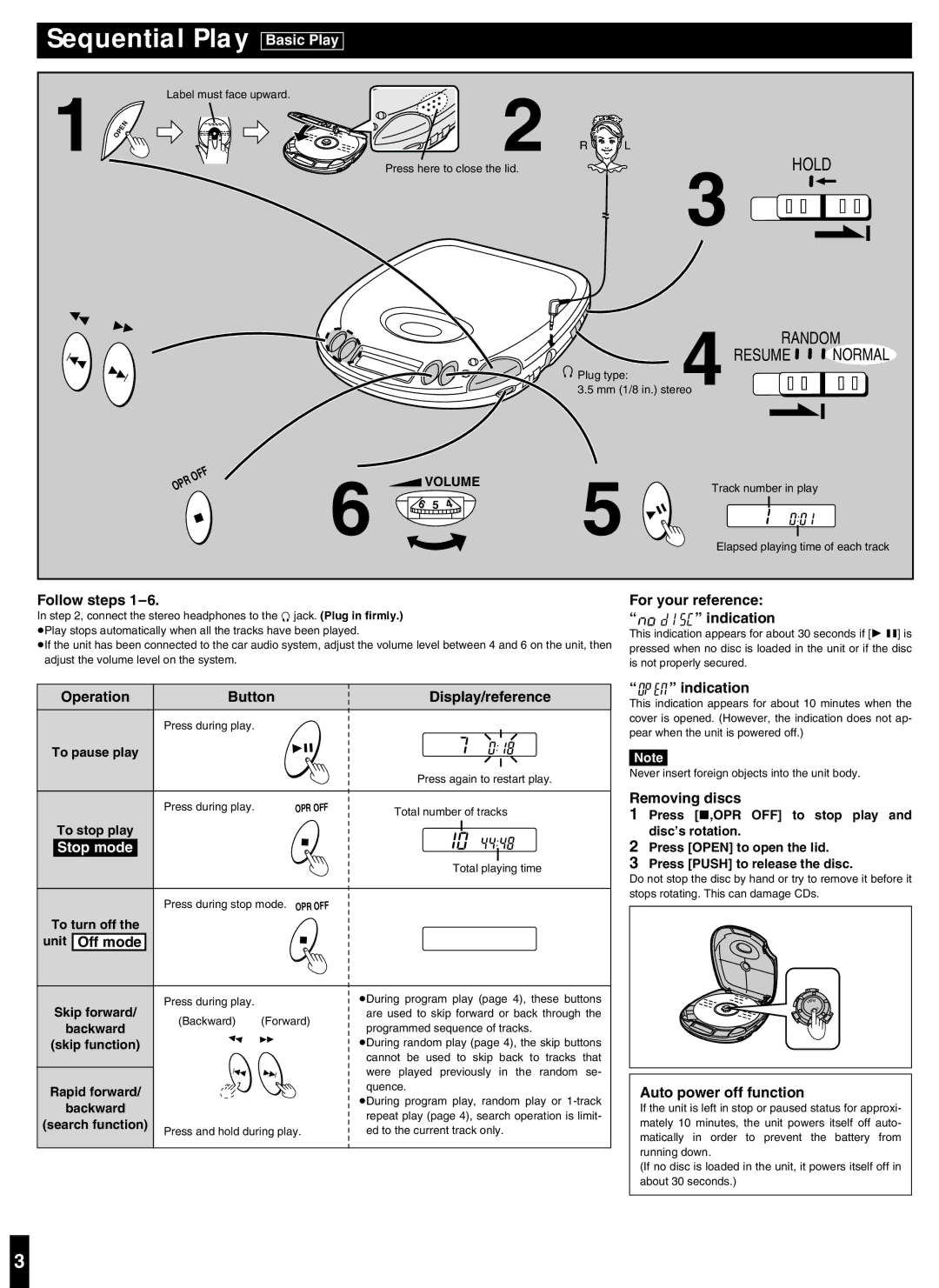 Panasonic SL-S292 important safety instructions Sequential Play 