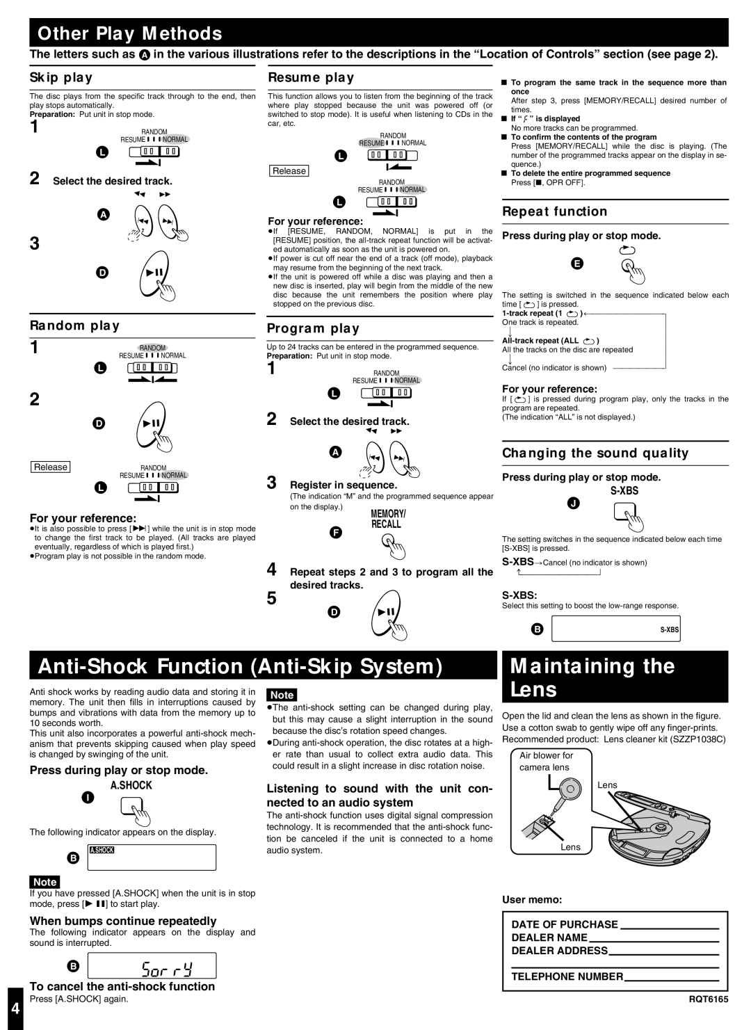 Panasonic SL-S292 important safety instructions Anti-Shock Function Anti-Skip System Maintaining the Lens 