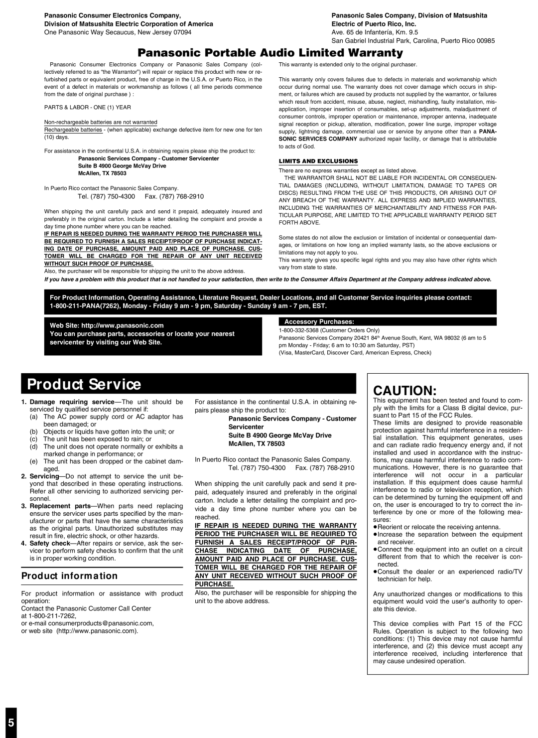 Panasonic SL-S292 important safety instructions Product Service, Product information 