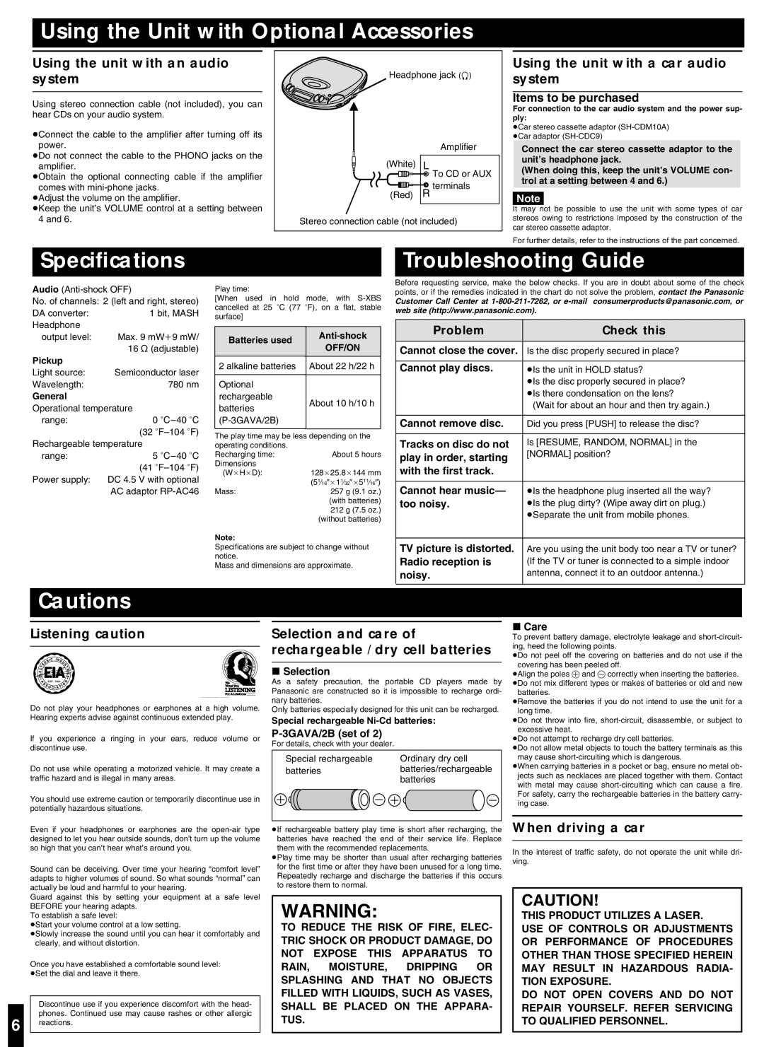 Panasonic SL-S292 Using the Unit with Optional Accessories, Speciﬁcations, Troubleshooting Guide 