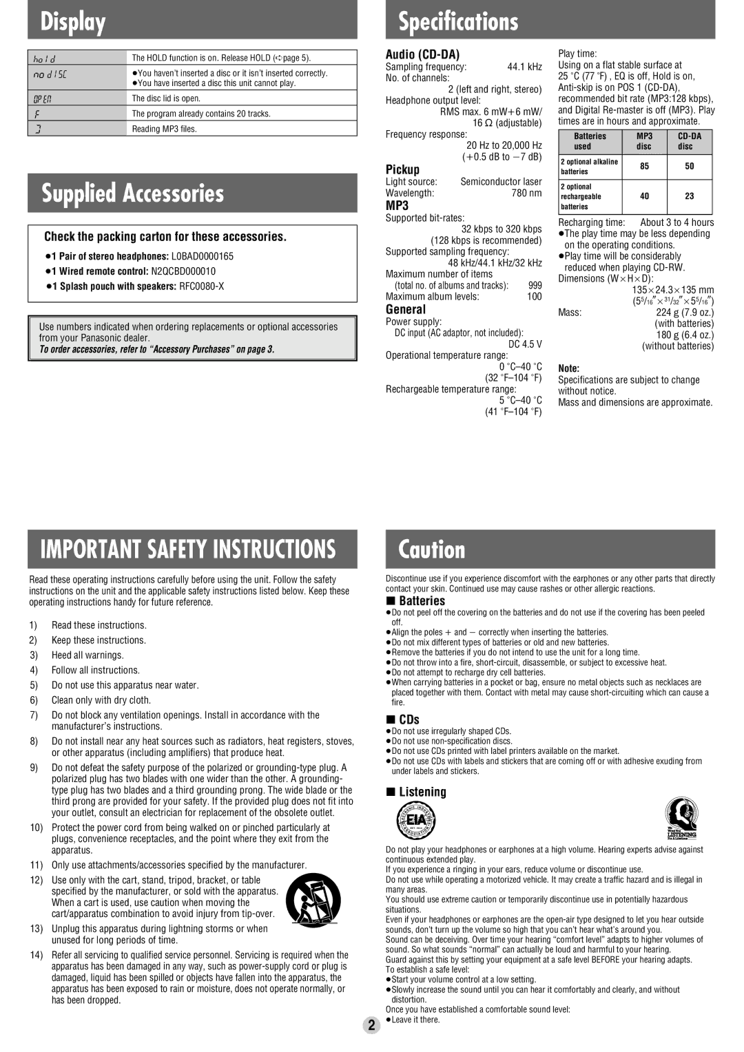 Panasonic SL-SK434 operating instructions Audio CD-DA, Pickup, General, Batteries, CDs, Listening 