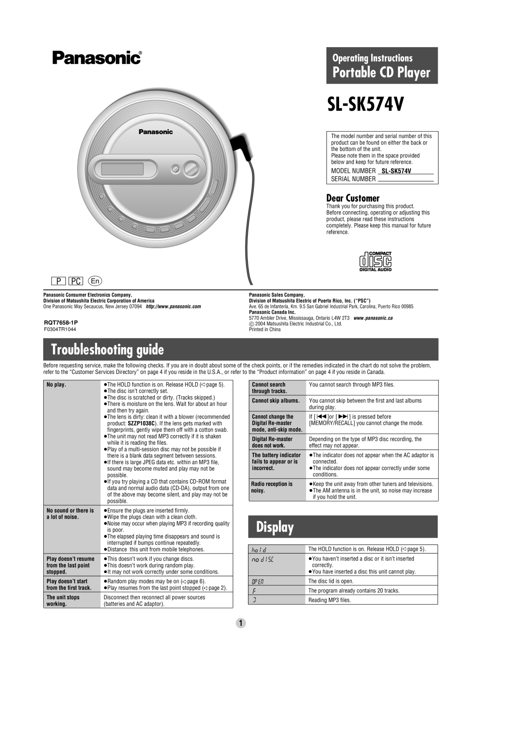 Panasonic SL-SK574V operating instructions Troubleshooting guide, Display, Dear Customer 