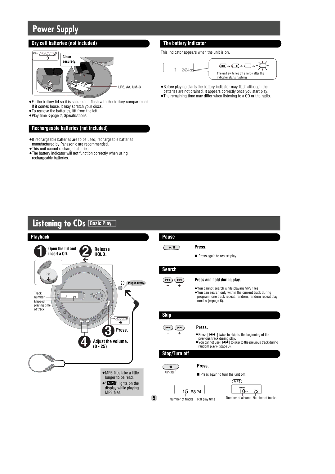 Panasonic SL-SK574V operating instructions Power Supply, Listening to CDs Basic Play 