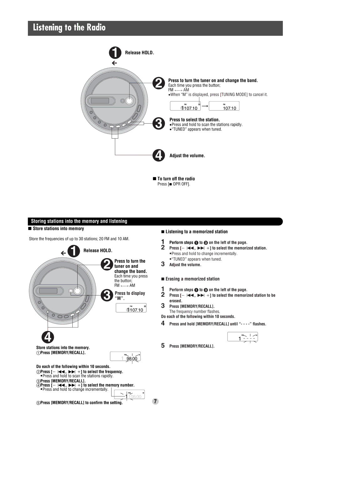 Panasonic SL-SK574V operating instructions Listening to the Radio, Storing stations into the memory and listening 