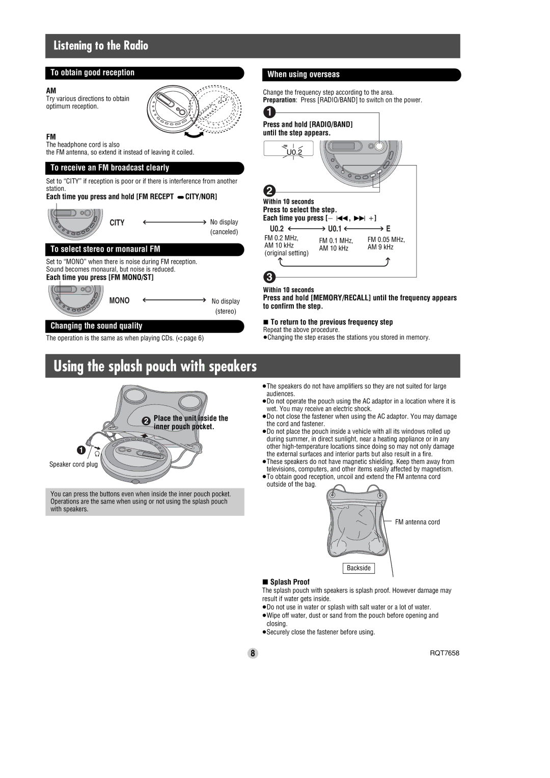 Panasonic SL-SK574V operating instructions Using the splash pouch with speakers, Listening to the Radio 