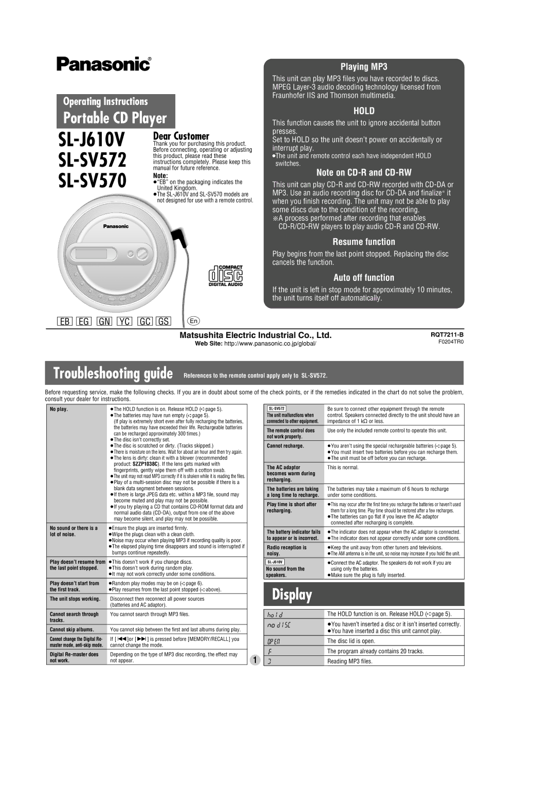 Panasonic SL-SV572 operating instructions Portable CD Player, Display 