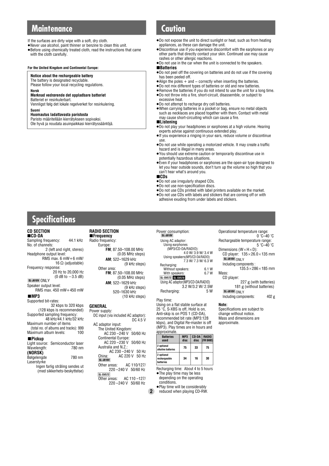 Panasonic SL-SV572 operating instructions Maintenance, Specifications, Norsk, General 