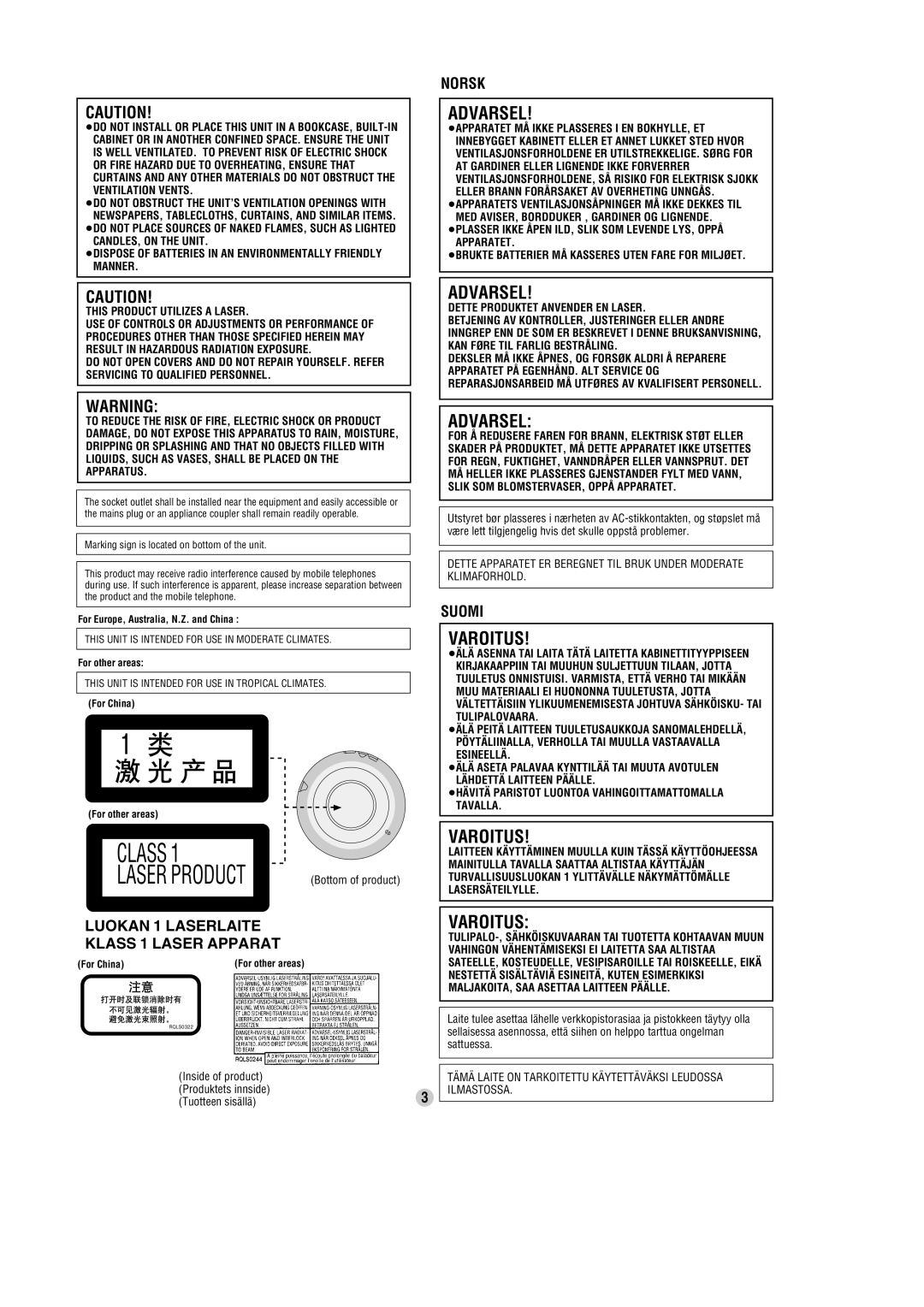 Panasonic SL-SV572 operating instructions ≥DO not Install or Place this Unit in a BOOKCASE, BUILT-IN 
