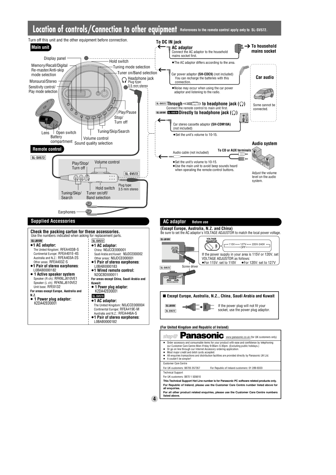 Panasonic SL-SV572 operating instructions Supplied Accessories, AC adaptor Before use, Remote control 