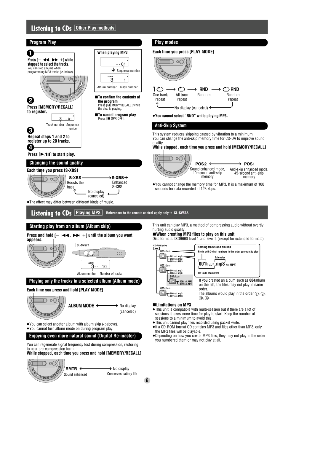 Panasonic SL-SV572 Listening to CDs Other Play methods Program Play, Changing the sound quality, Play modes, Playing MP3 