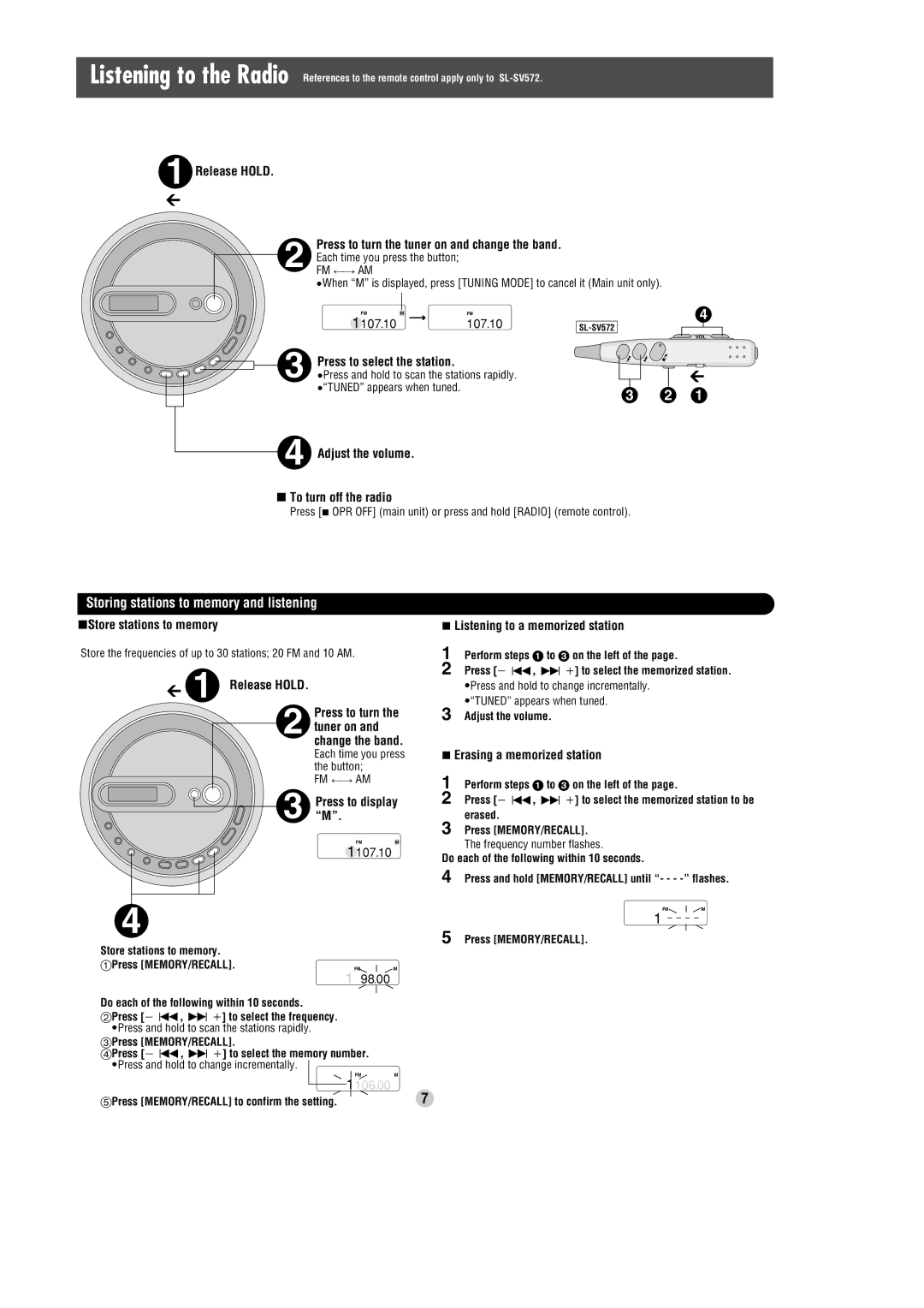 Panasonic SL-SV572 operating instructions Storing stations to memory and listening 