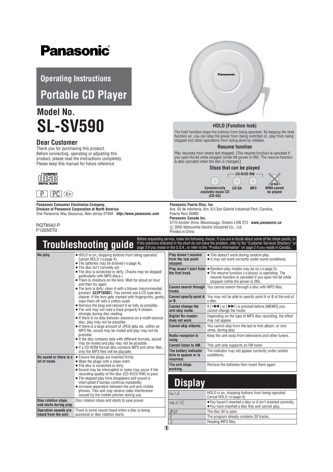 Panasonic SL-SV590 operating instructions Display, Hold Function lock, Resume function, Discs that can be played 