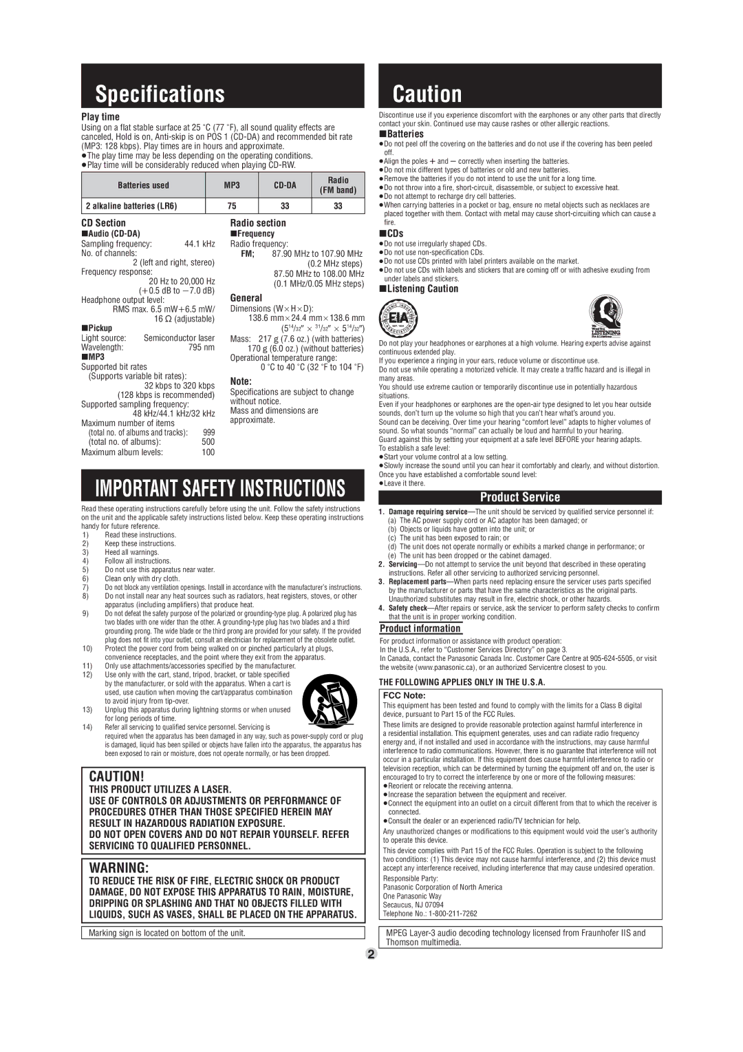 Panasonic SL-SV590 operating instructions Specifications, Product Service 