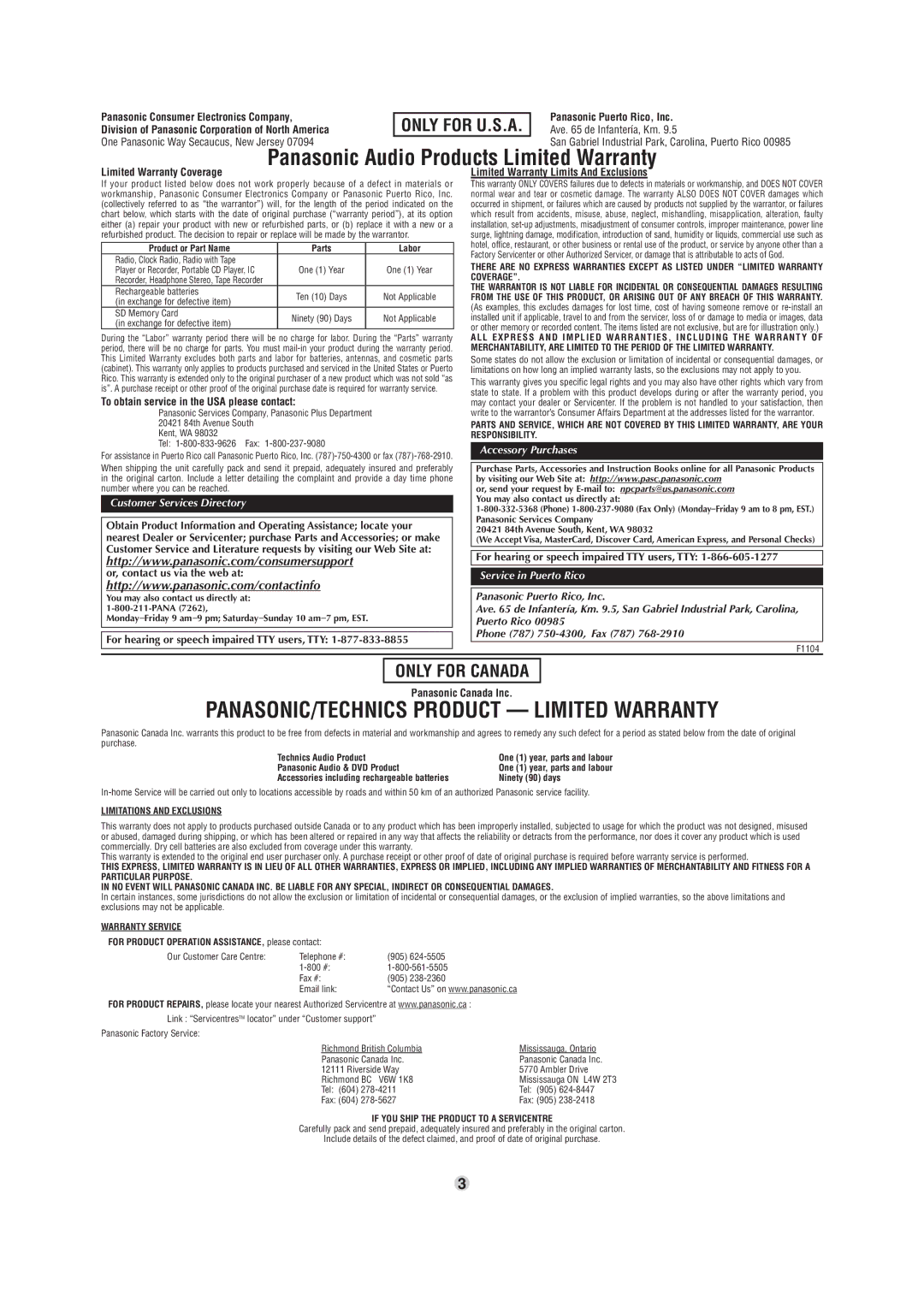 Panasonic SL-SV590 Limited Warranty Coverage, To obtain service in the USA please contact, Or, contact us via the web at 