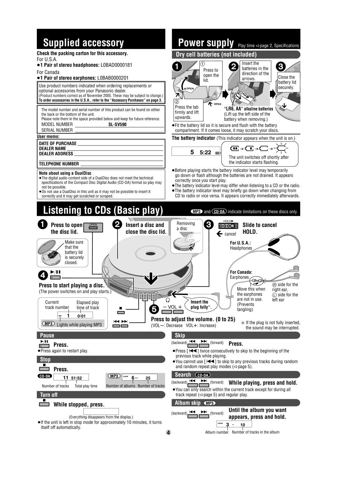 Panasonic SL-SV590 operating instructions Supplied accessory, Listening to CDs Basic play 