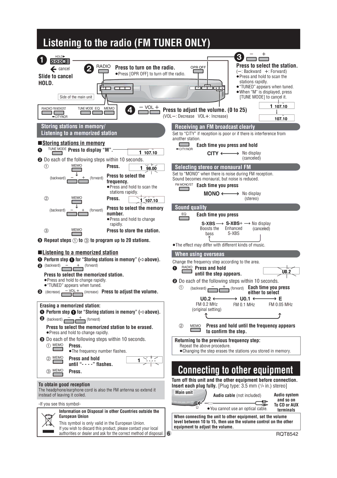 Panasonic SL-SV590 operating instructions Listening to the radio FM Tuner only, Hold, Mono 