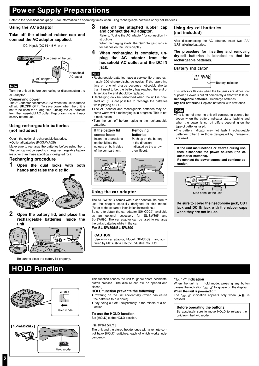 Panasonic SL-SW890 Power Supply Preparations, Hold Function, Battery indicator, Using rechargeable batteries not included 