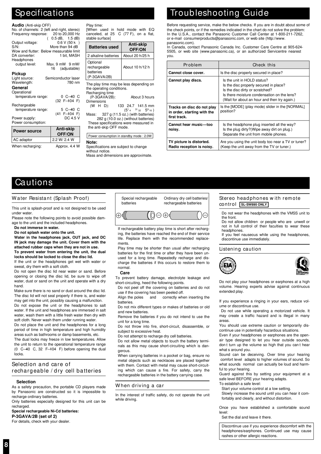 Panasonic SL-SW890, SL-SW895 Specifications, Troubleshooting Guide, Selection and care of rechargeable /dry cell batteries 