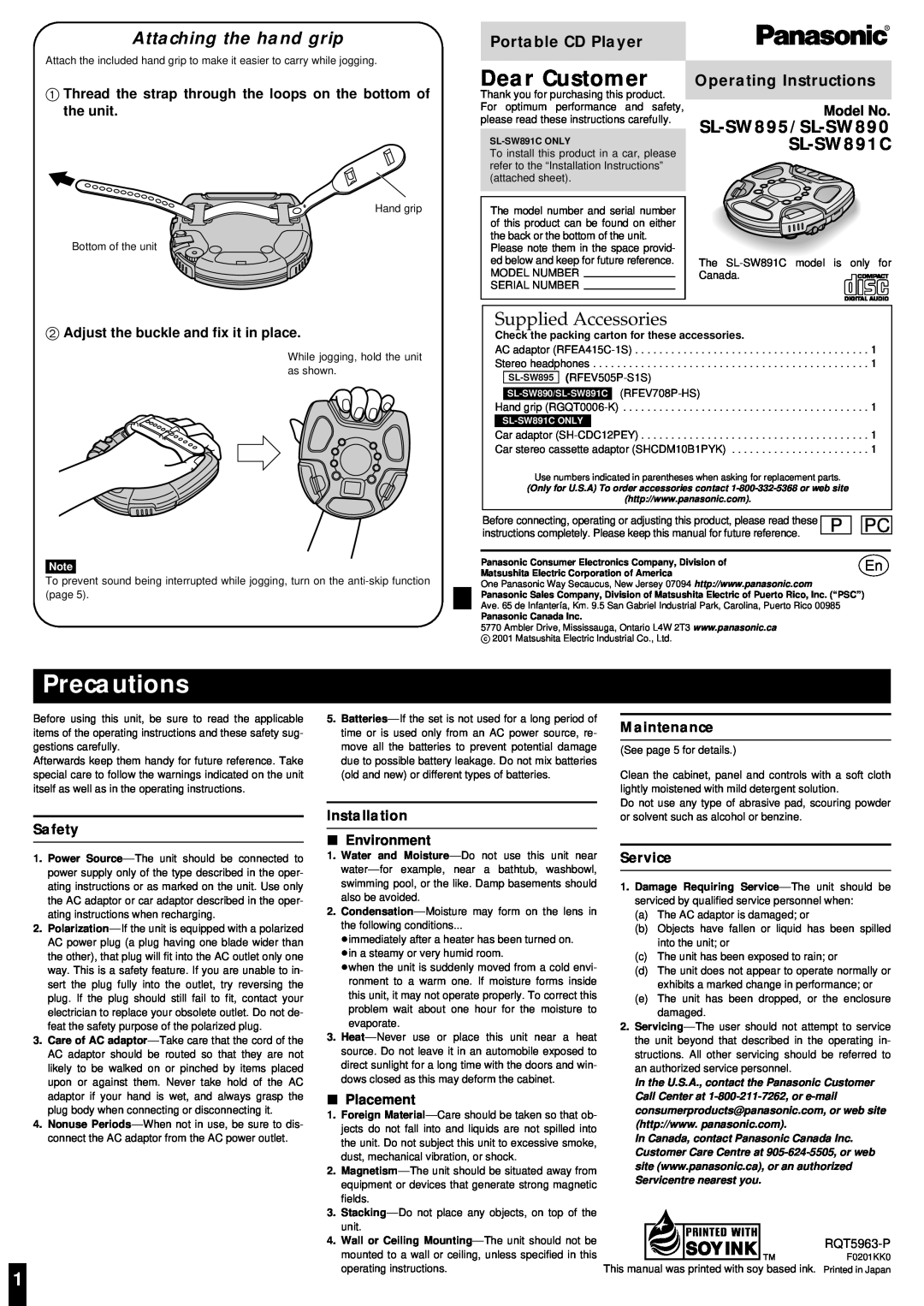 Panasonic SL-SW895 installation instructions Precautions, Supplied Accessories, Attaching the hand grip, Model No, Safety 