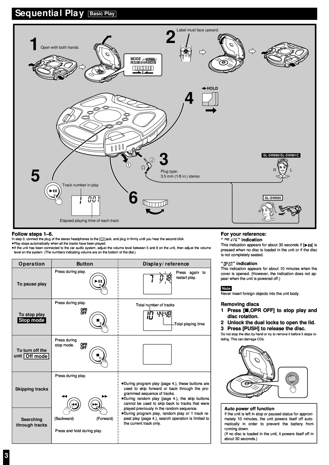 Panasonic SL-SW891C Sequential Play, Basic Play, Follow steps, For your reference, Operation, Button, Display/reference 