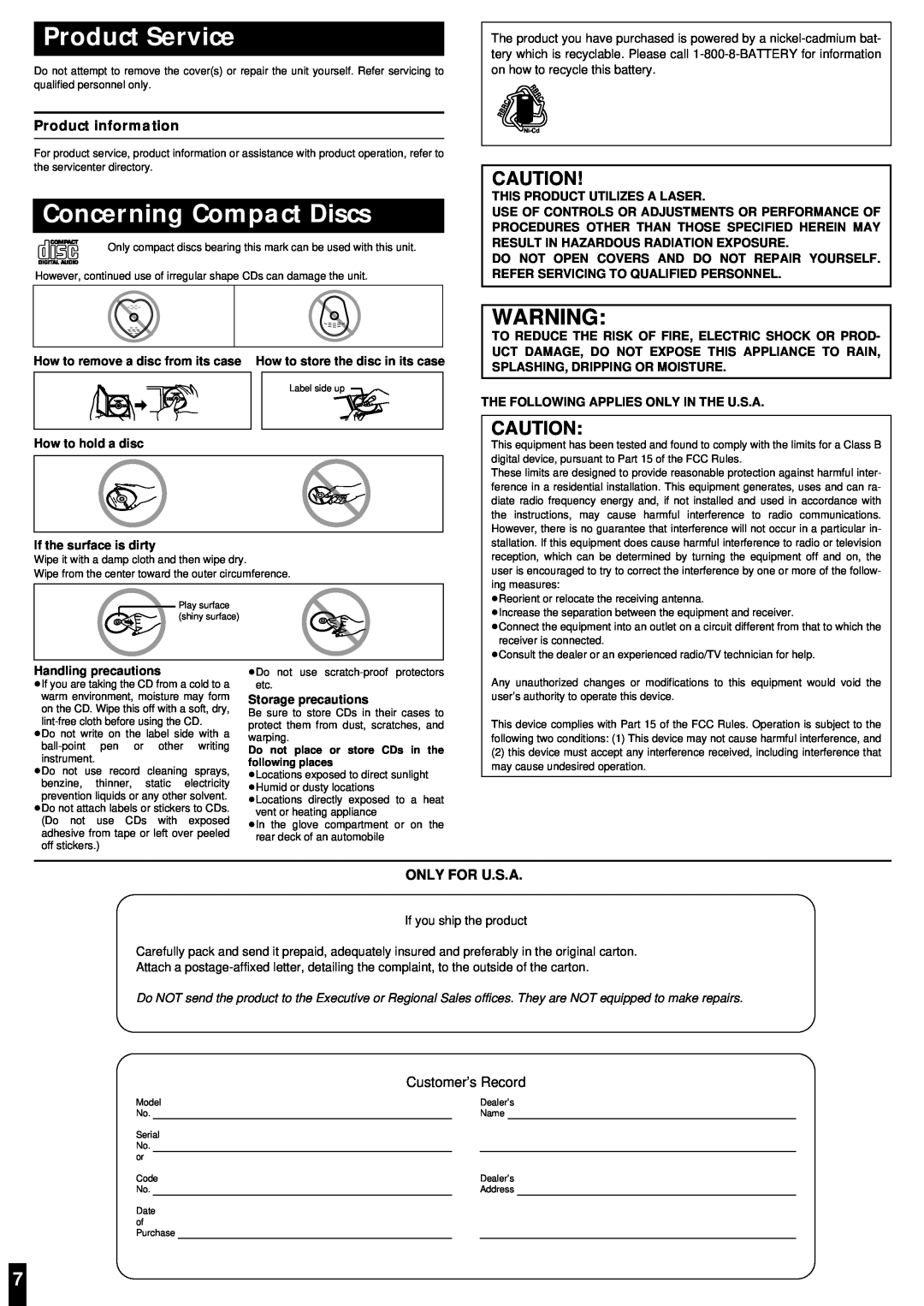 Panasonic SL-SW895 Product Service, Concerning Compact Discs, Product information, Only For U.S.A, Customer’s Record 