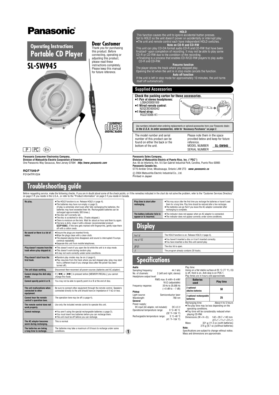 Panasonic SL-SW945 specifications Supplied Accessories, Check the packing carton for these accessories, RQT7549-P 