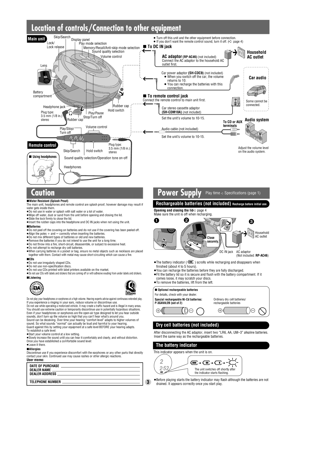 Panasonic SL-SW945 specifications Dry cell batteries not included, Battery indicator, Household AC outlet 