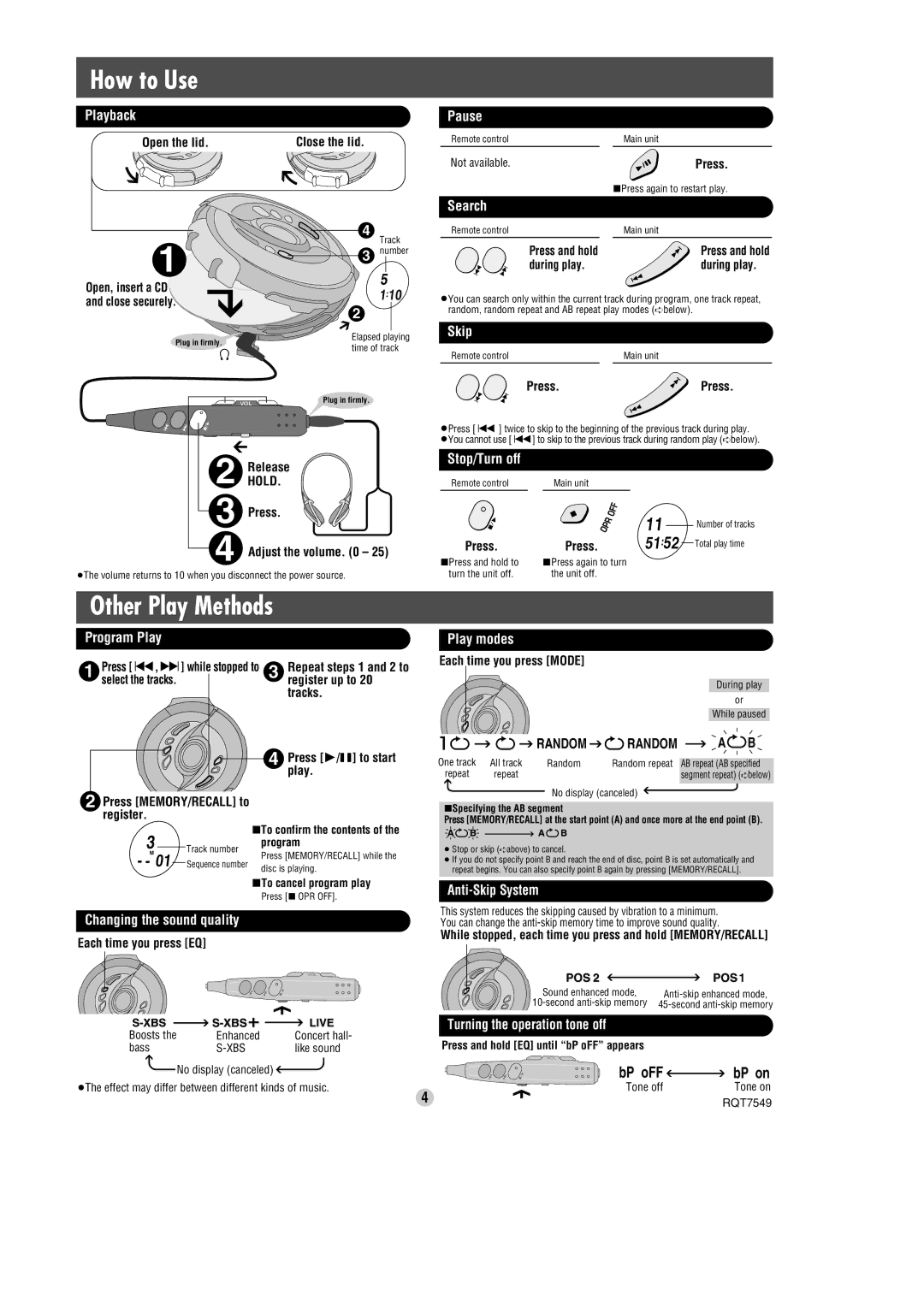 Panasonic SL-SW945 Playback, Pause, Search, Skip, Stop/Turn off, Program Play Play modes, Changing the sound quality 