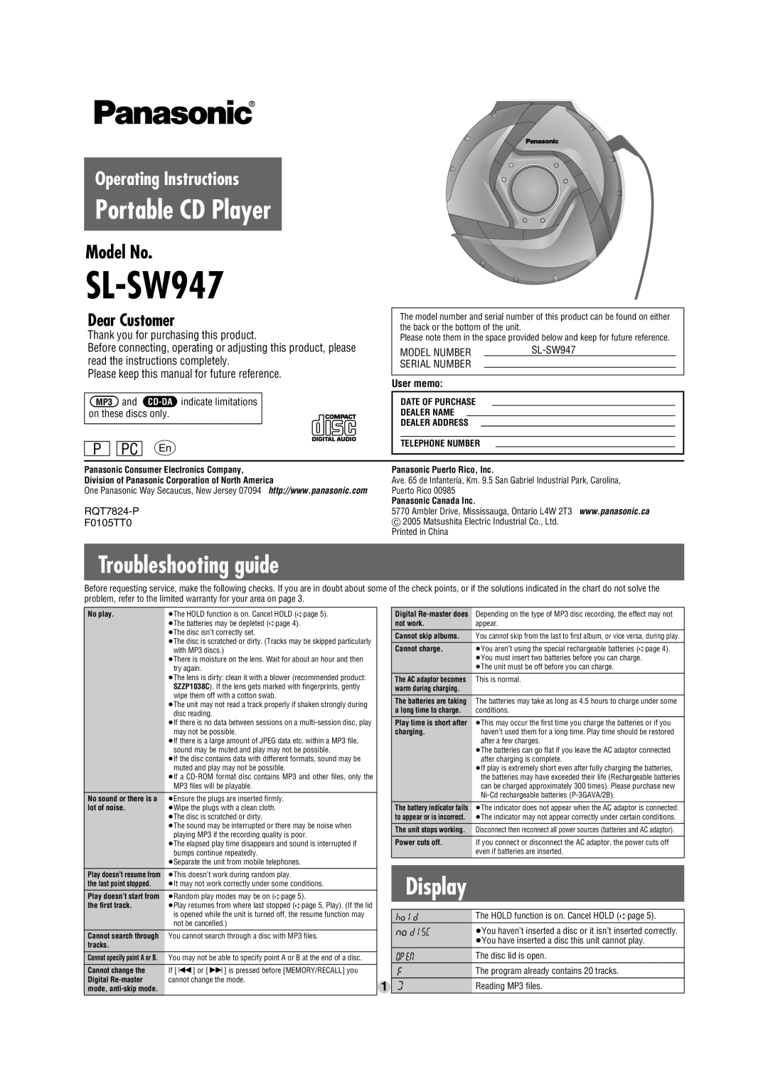 Panasonic SL-SW947 operating instructions Troubleshooting guide, Display, Thank you for purchasing this product 