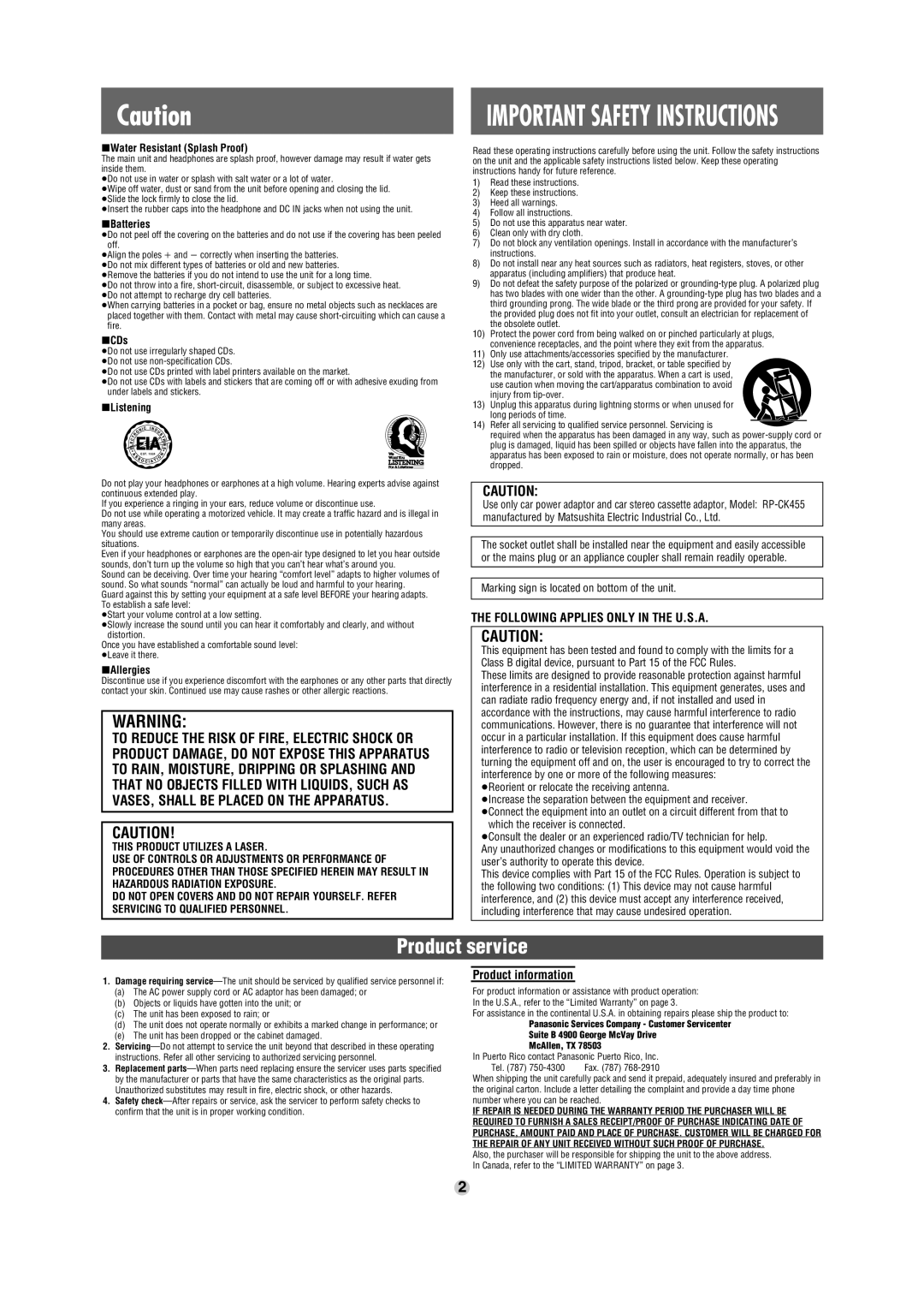 Panasonic SL-SW947 operating instructions Following Applies only in the U.S.A, Product information 