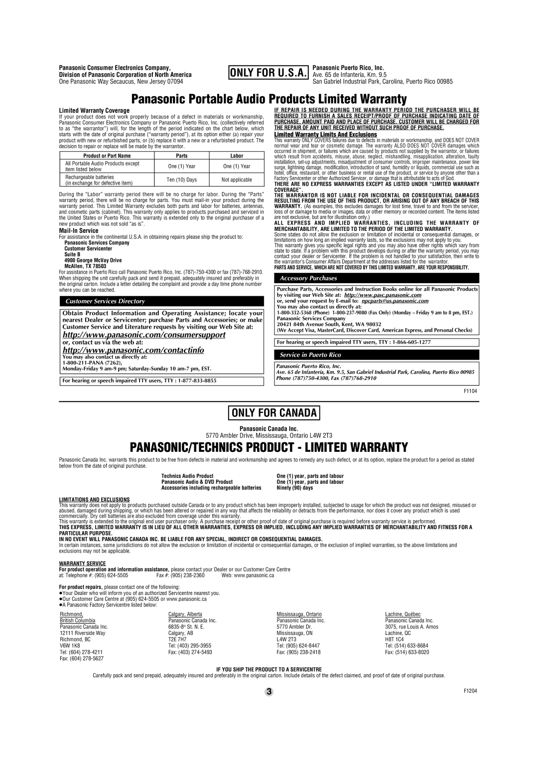 Panasonic SL-SW947 operating instructions Limited Warranty Coverage, Mail-In Service, Or, contact us via the web at 