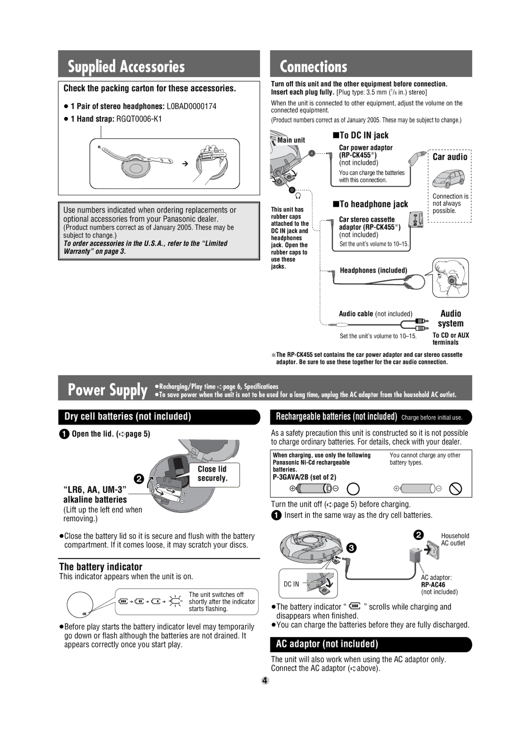 Panasonic SL-SW947 Supplied Accessories, Connections, Dry cell batteries not included, Battery indicator 