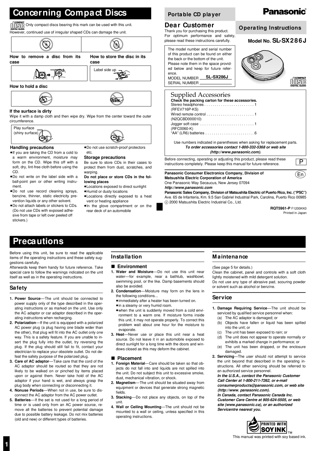 Panasonic SL-SX286J operating instructions Concerning Compact Discs, Precautions, Dear Customer 