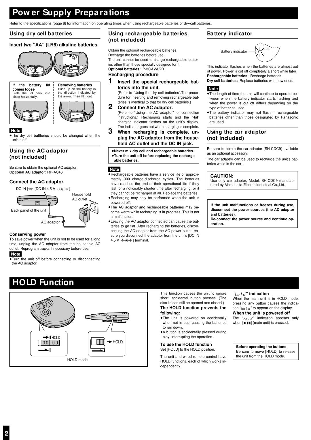 Panasonic SL-SX286J operating instructions Power Supply Preparations, Hold Function 