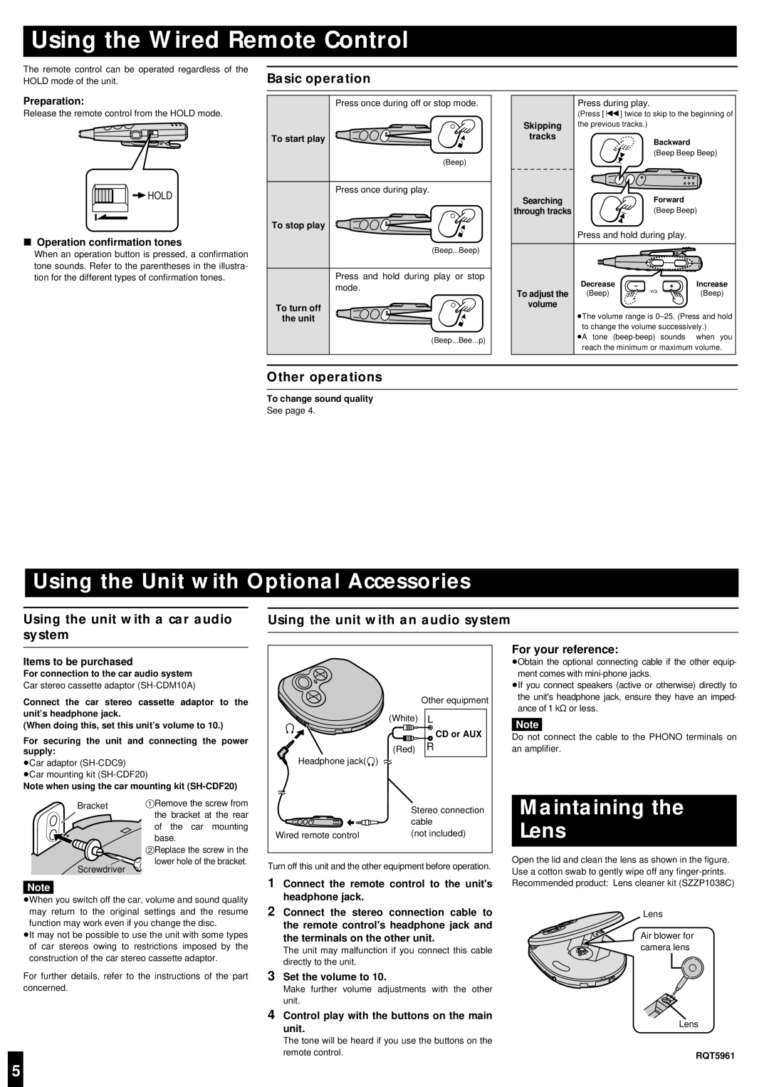 Panasonic SL-SX286J Using the Unit with Optional Accessories, Maintaining Lens, Basic operation, Other operations 