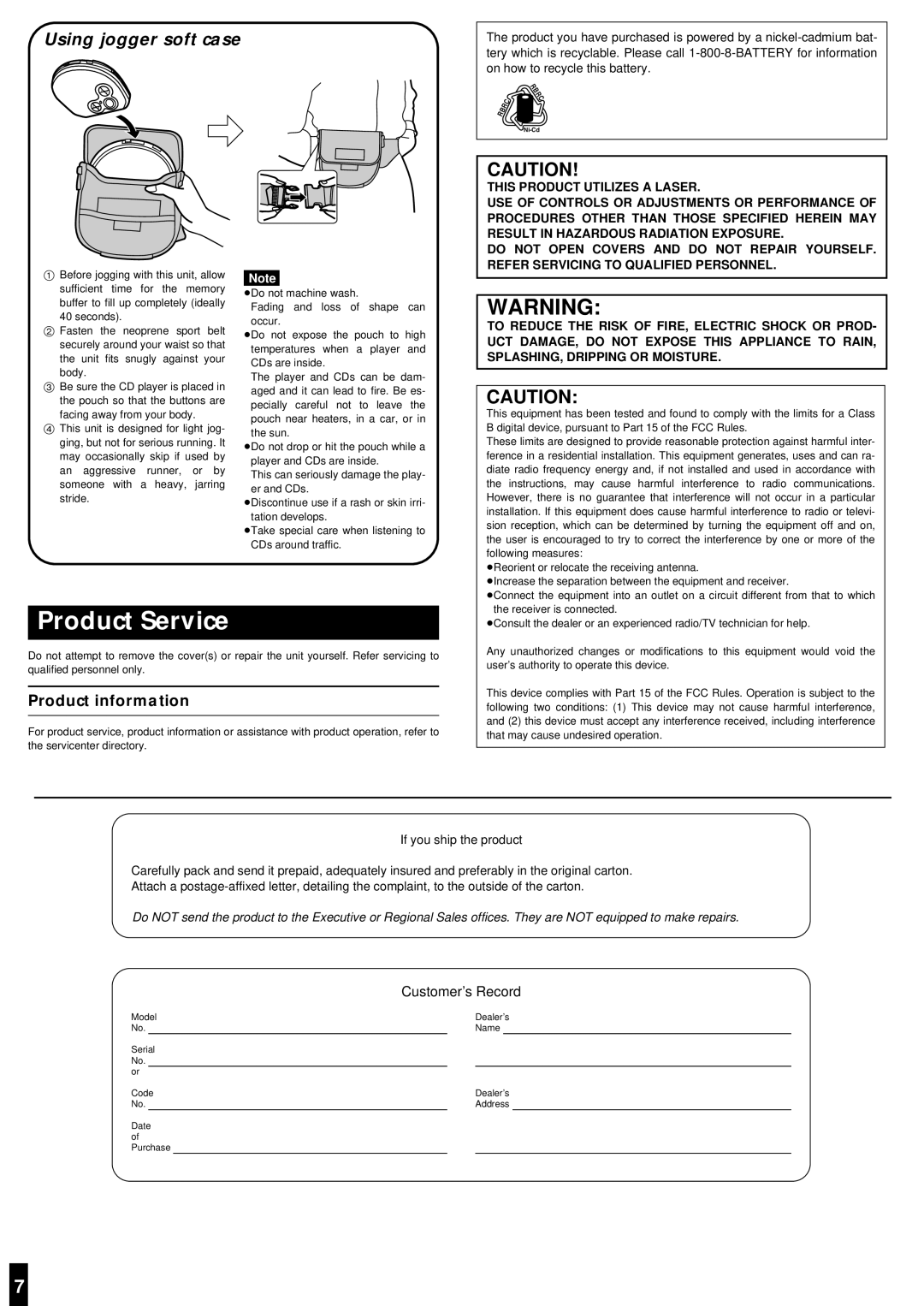 Panasonic SL-SX286J operating instructions Product Service, Product information 