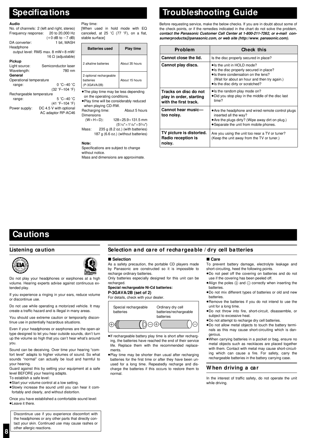 Panasonic SL-SX286J operating instructions Speciﬁcations, Troubleshooting Guide, When driving a car, Problem Check this 