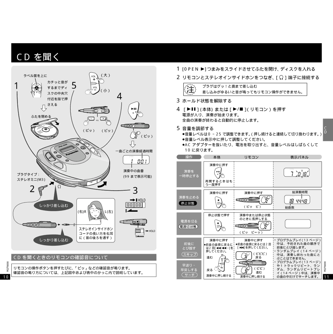 Panasonic SL-SX289V operating instructions Cd を聞くときのリモコンの確認音について, （小）, 電源が入り、演奏が始まります。 全曲の演奏が終わると自動的に停止します。, しっかり差し込む 