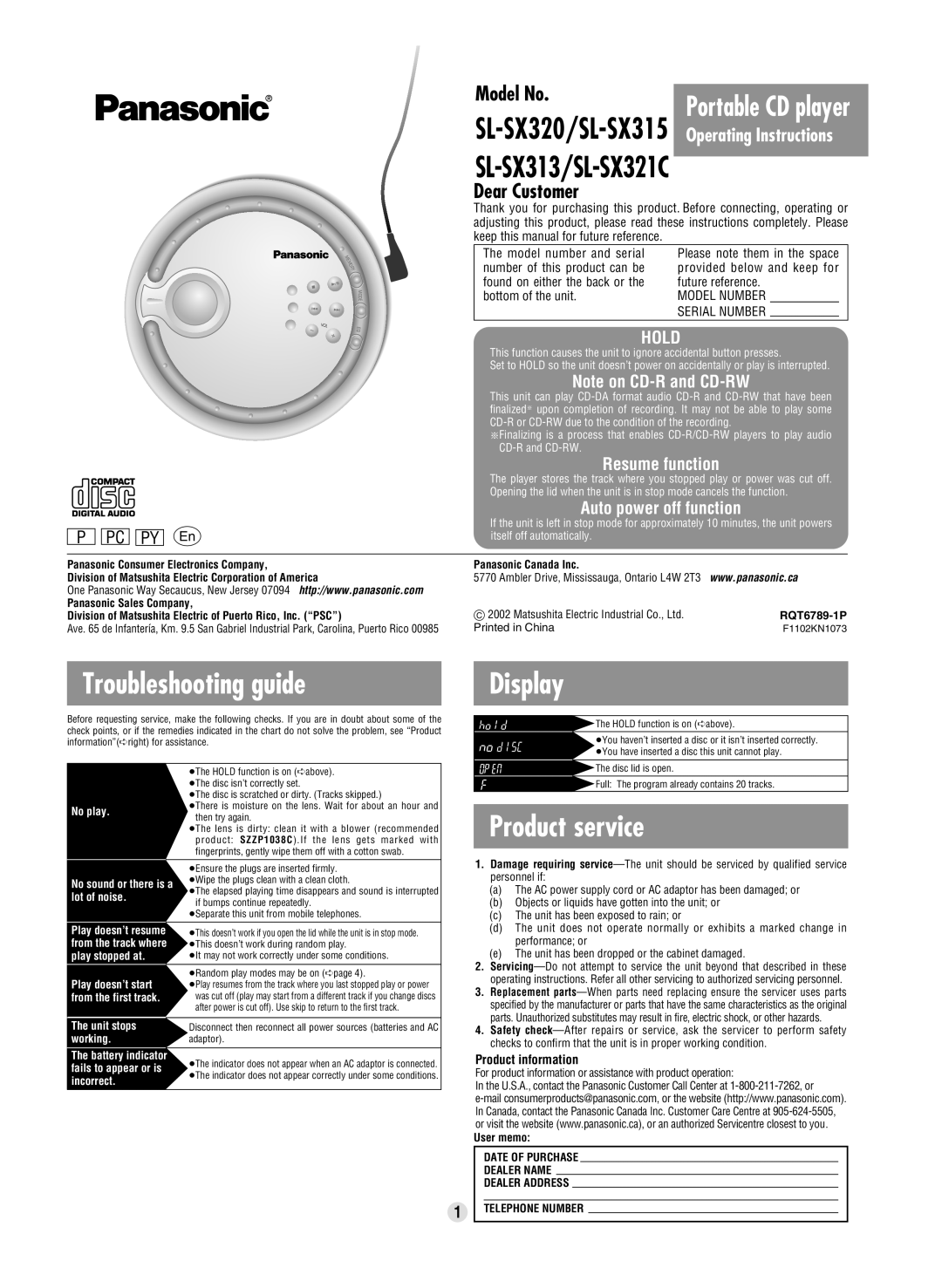 Panasonic SL-SX315, SL-SX320, SL-SX321C, SL-SX313 manual Troubleshooting guide, Display, Product service 