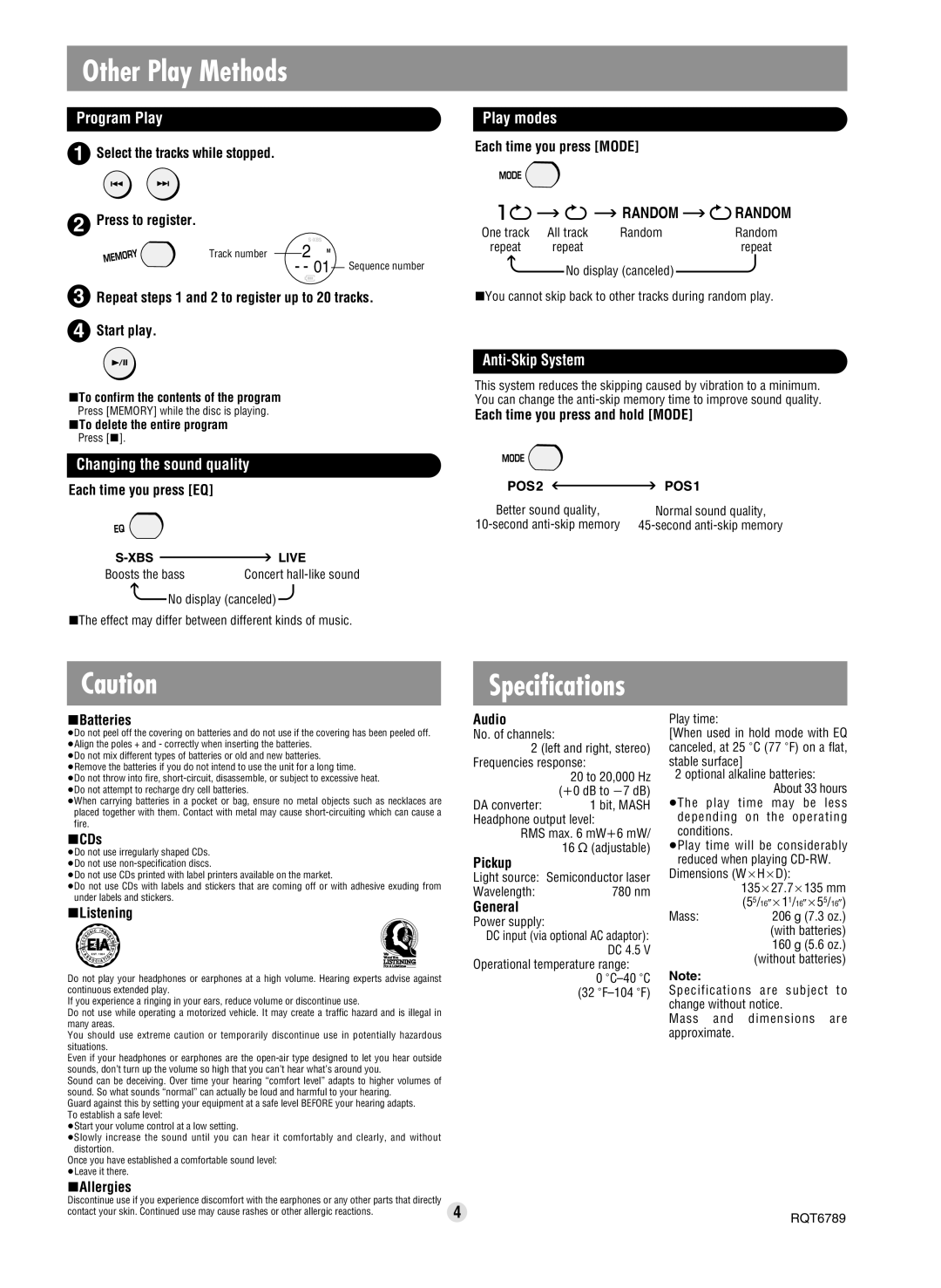 Panasonic SL-SX320, SL-SX315 Other Play Methods, Program Play, Changing the sound quality, Play modes, Anti-Skip System 