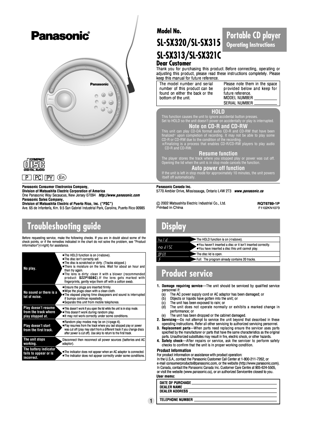Panasonic SL-SX315 manual Troubleshooting guide, Display, Product service, Hold, Note on CD-Rand CD-RW, Resume function 