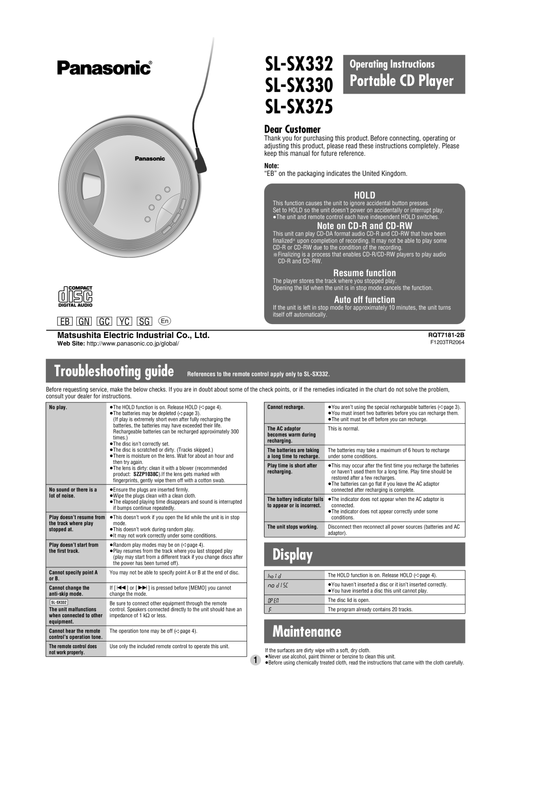 Panasonic SL-SX325, SL-SX332 operating instructions Display 