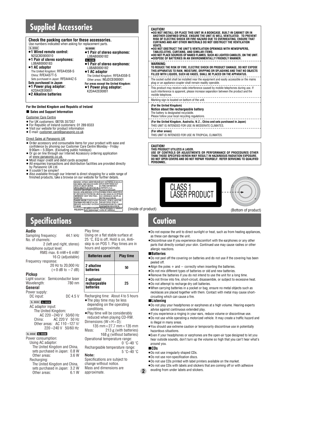 Panasonic SL-SX332, SL-SX325 operating instructions Check the packing carton for these accessories, Audio, Pickup, General 